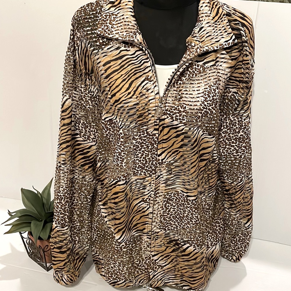 Damee New York Zip Front Sheer Animal Print Top / Jacket Women’s size 2XL